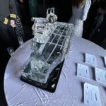 HMS Prince Of Wales aircraft carrier ice sculpture in Portsmouth naval base